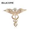 Crystal Rhinestone Double Snake Wing Shape Brooch Badge Gold Color Medical Style Doctor Nurse Coat Decoration Suit Pins