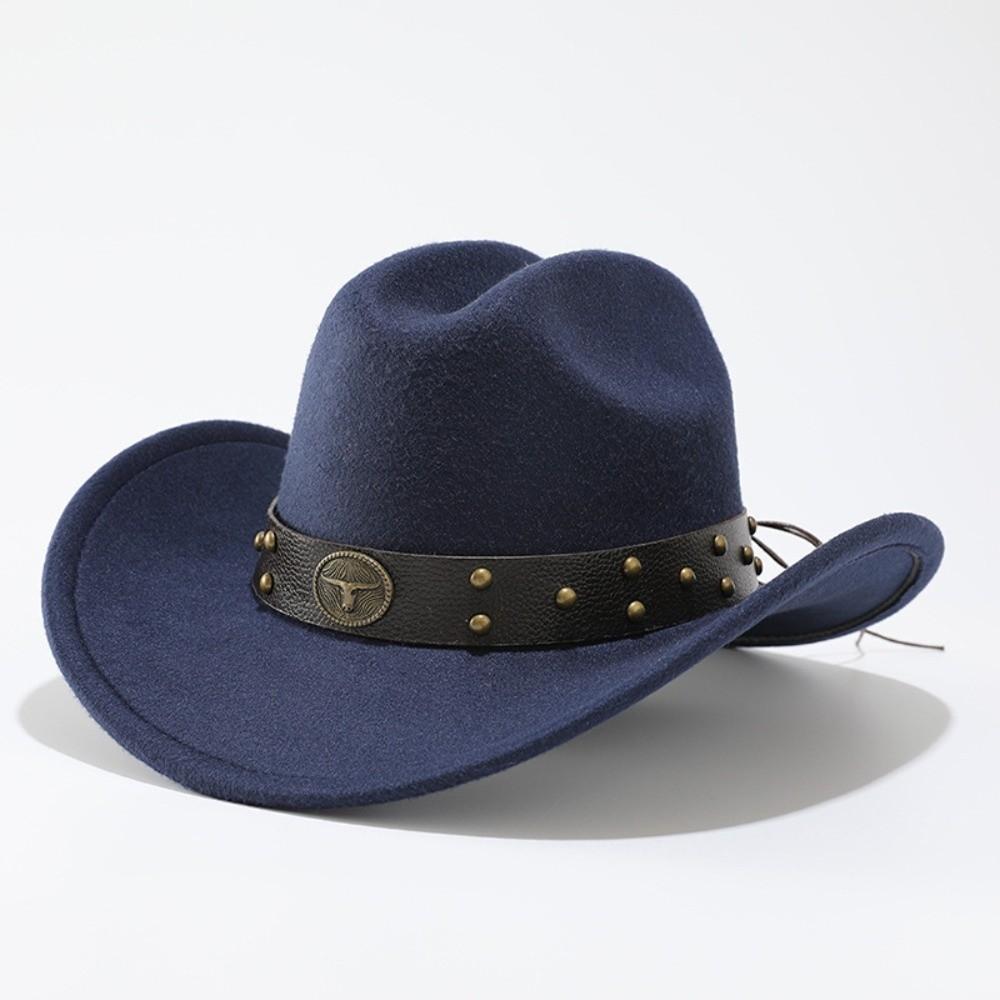 Wide Brim Western Cowboy Hat Bull Head Rivet Faux Suede Hat Sun Protection Hat  For Men Women