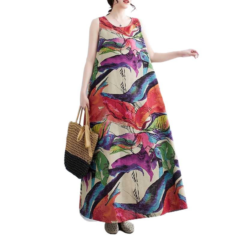 Летнее льняное платье А-силуэта с цветочным принтом в стиле ретро, длинное женское платье большого размера без рукавов с круглым вырезом, средней длины, из хлопка и льна