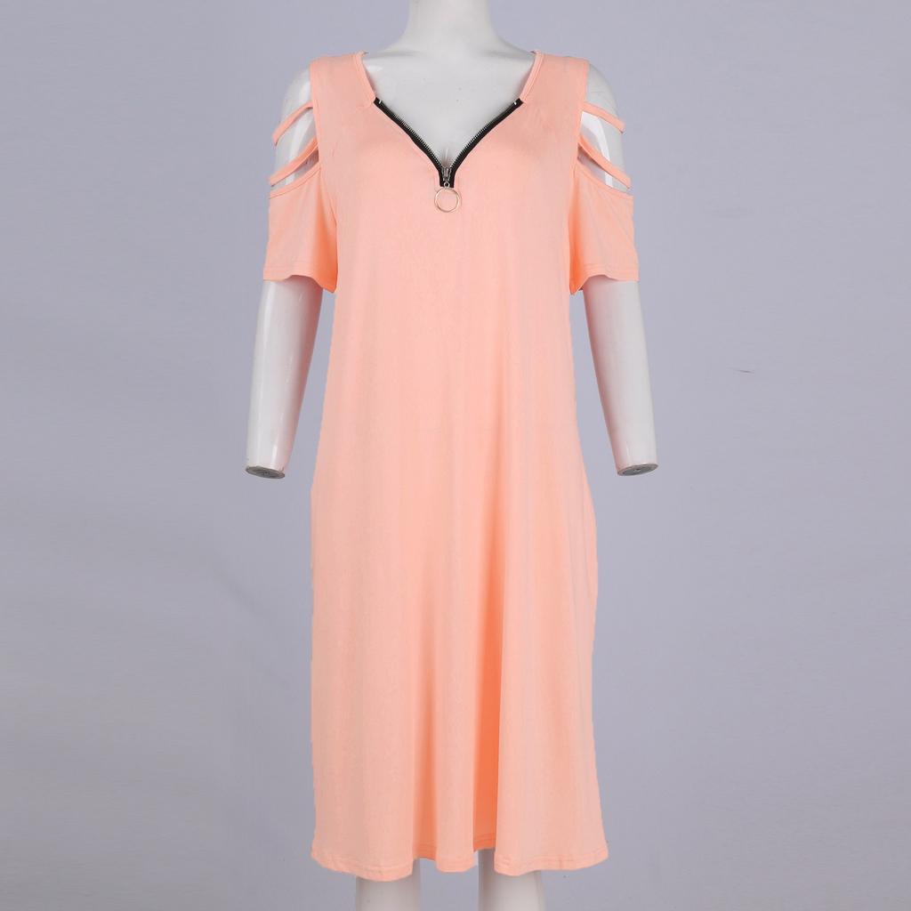 Летнее женское сексуальное однотонное платье на молнии с v-образным вырезом и короткими рукавами