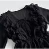 Elegant Ruffles Mini Dress Women V Neck Hollow Out Lace Up Long Sleeves Lace Dresses  Solid Color High Waist Dress