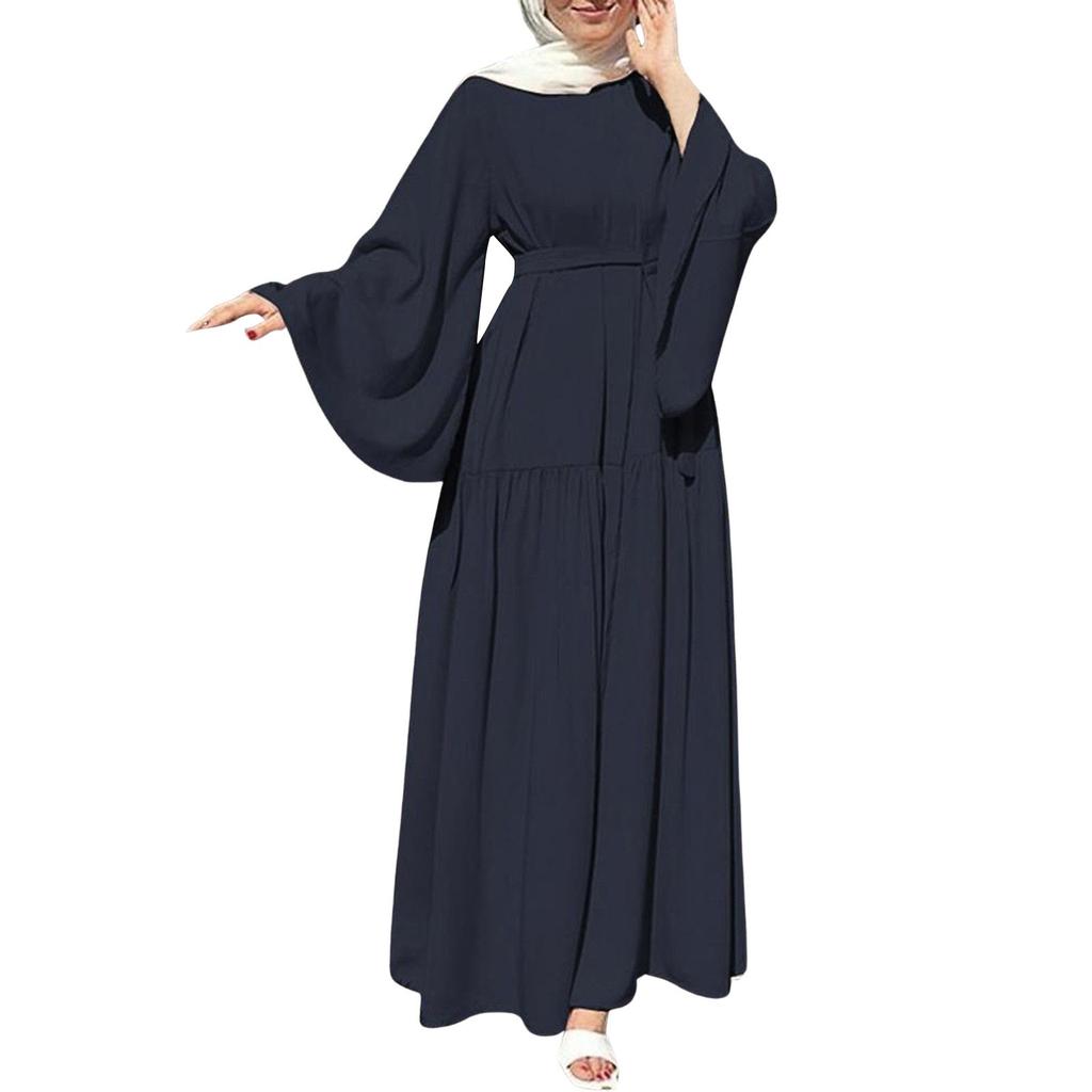 Мусульманские женские платья для отпуска с расклешенными рукавами и поясом на подоле, длинные