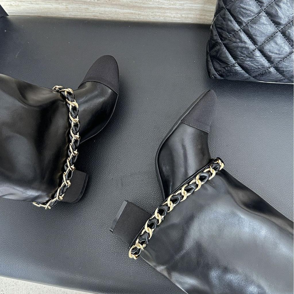 2025 Autumn and Winter New Round Head Medium Tube Thin Chain But Knee Knight Splicing Martin Women's Boots
