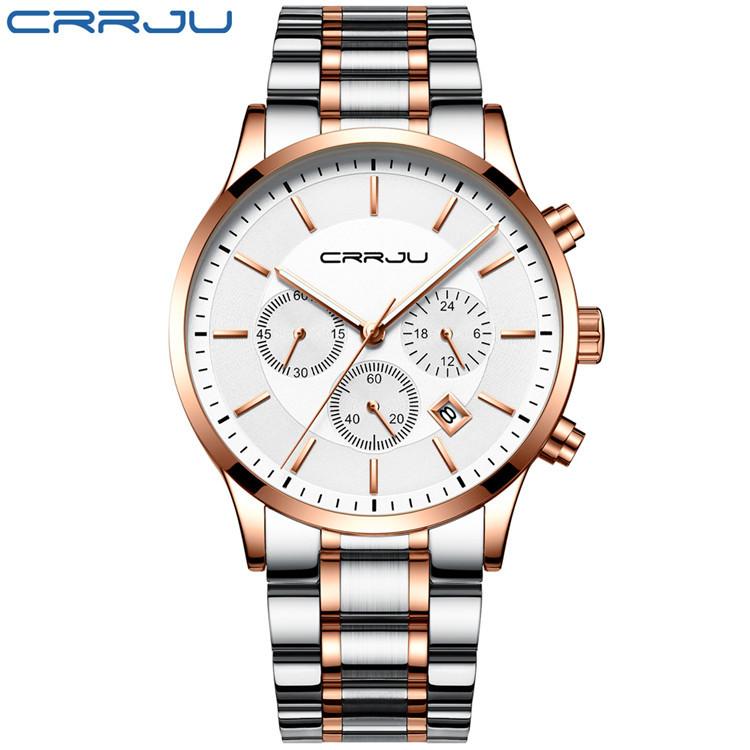 CRRJU New Men's Steel Band Sports Watch Fashion Business Multi-functional Six-pin Chronograph Watch