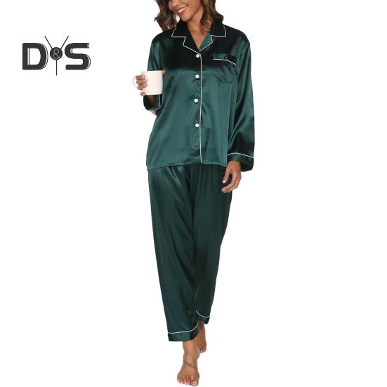 Пижамный костюм из 2 предметов, атласный однобортный кардиган, рубашка с V-образным вырезом, воротником-стойкой, однотонная рубашка с нагрудным карманом, широкие свободные брюки, ночная рубашка