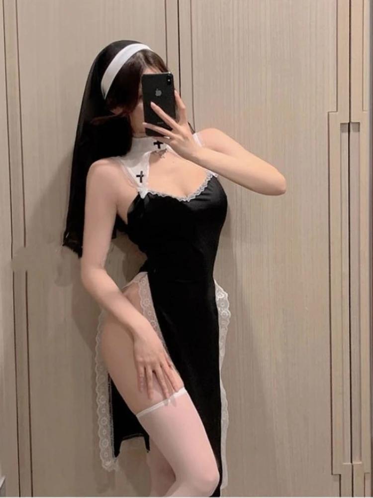 Косплей костюмы горничной Сексуальные боди Милые галстуки-бабочки Боди с открытой грудью Фетиш-ремни Колготки Форма для ролевых игр Полая кружевная спина