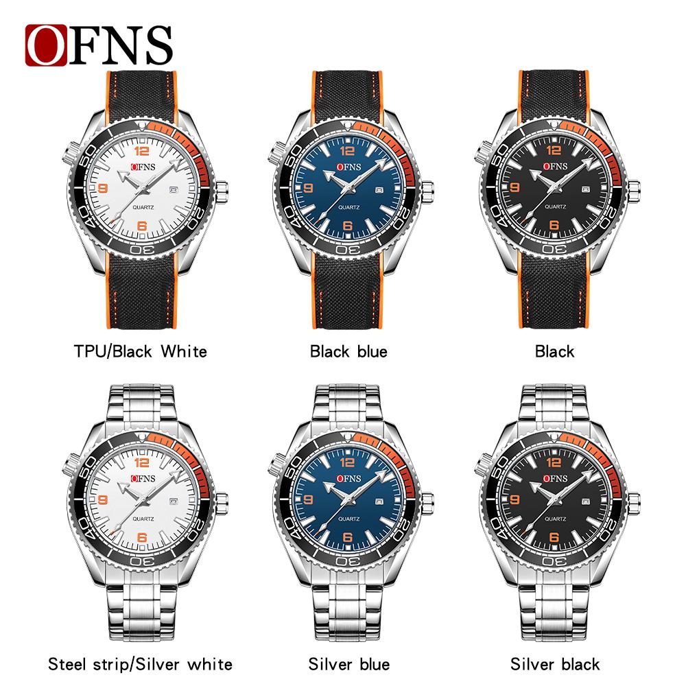 OFNS Top Brand New Man Simple Business Quartz Watch Calendar Luminous Waterproof Watch Fashion One-way Rotating Bezel Mens Watch