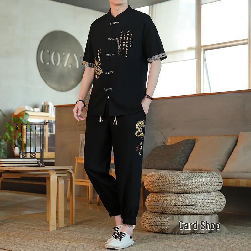 Suxi Men's Summer Chinese Embroidered Two-Piece Retro Suit 8617