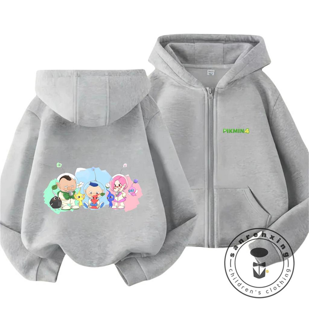 Vintage Wash Pikmin Cartoon Zip Hoodie Children 3-14 Years Retro 2026 Kawaii Outdoor Hooded Sweatshirt Play