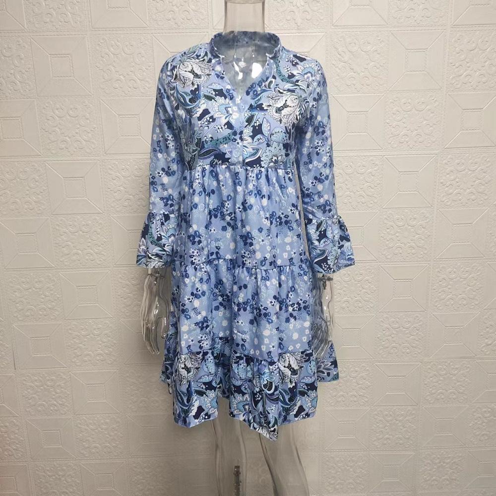 Women's Dress Bohemian Floral Printed V Neck Mini Dresses Casual Loose Elegant Flare Sleeve Lady Beach Holiday Dress