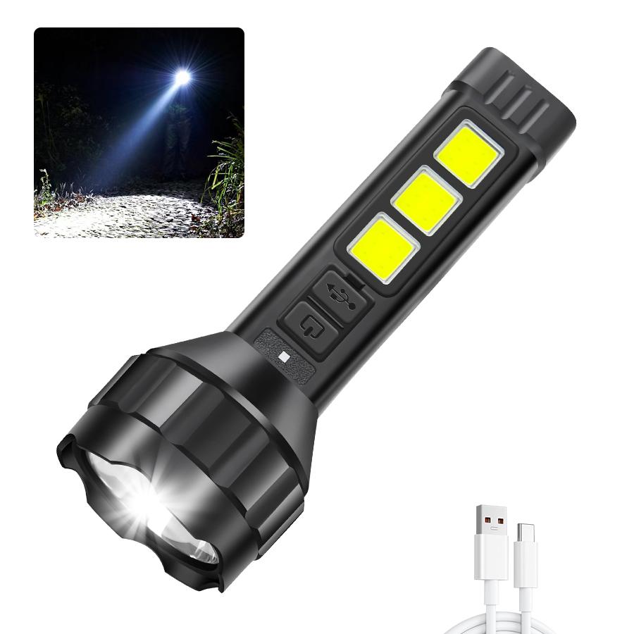High Power LED Flashlight Rechargeable Tactical Zoom Torch Lamp with COB Side Light Waterproof Outdoor Camping Lamp Hunting