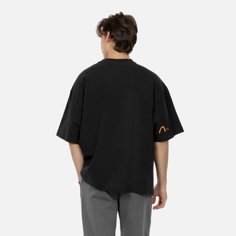 Evisu Черная футболка оверсайз Kuro SS24 с принтом этикетки и чайки Мужские футболки Черный 2ESGNM4TS5266OSCT