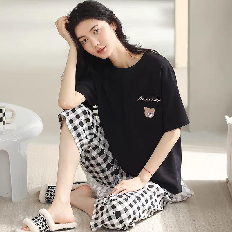 Lounge Sleepwear O-Neck Sleeping Breathable Girls Summer Cartoon Print T-shirt Crop Pants Set Daily Wear