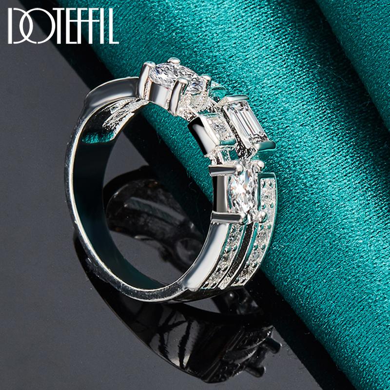 925 Sterling Silver Round Square AAA Zircon Ring Fashion Wedding Jewelry