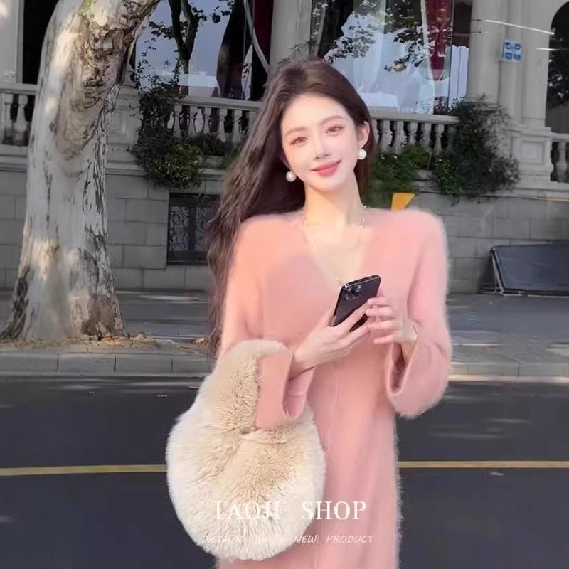 Soft Pink V-Neck Long Sleeve Knit Dress A-Line Loose Waist Womens Elegant Outfit
