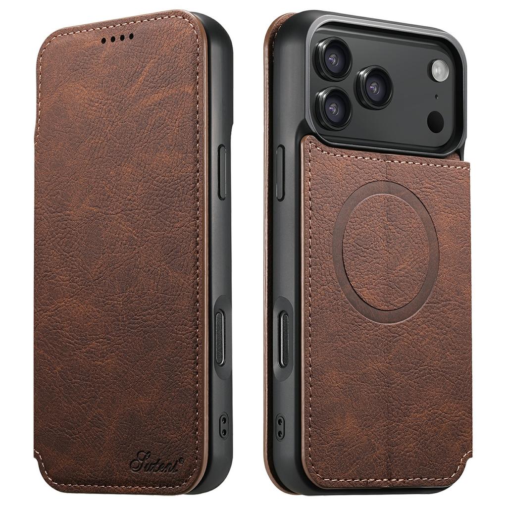 SUTENI J06 For iPhone 17 Pro Case Litchi Texture Leather Wallet Phone Shell Compatible with MagSafe