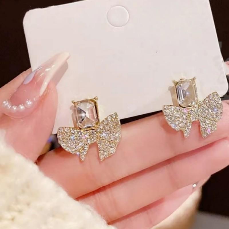 Серебряная Игла Корейская Мода Серьги с Индивидуальностью Полностью Алмазные Серьги-Банты Хрустальные Серьги Серьги с Дизайном Характера
