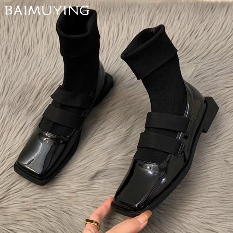 Square Toe Women Sock Boots Mid Calf Knitting Flats Shoes Designer Fashion New Botas 2024 Trend Fashion Dress Botas De Mujer