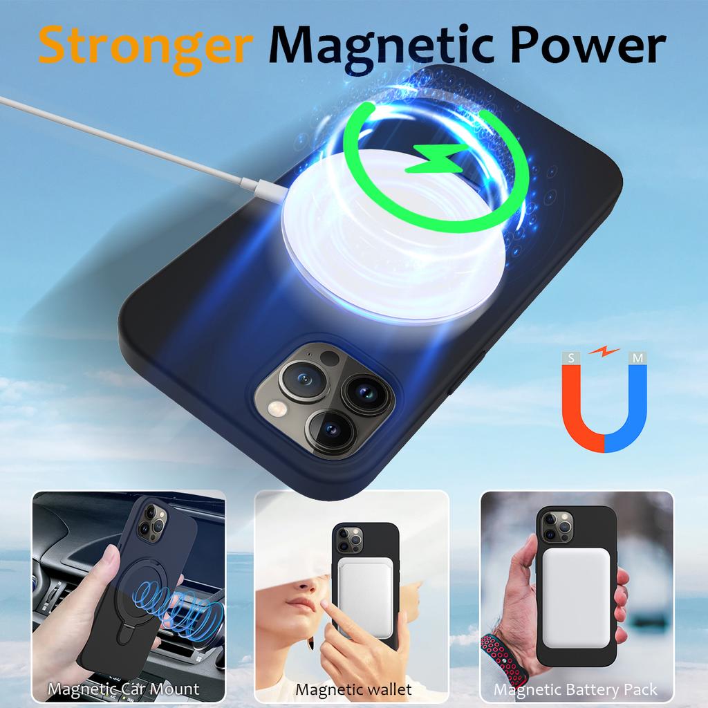 For iPhone 12 Pro Max Magnetic Case PC+Silicone Cover with Ring Kickstand