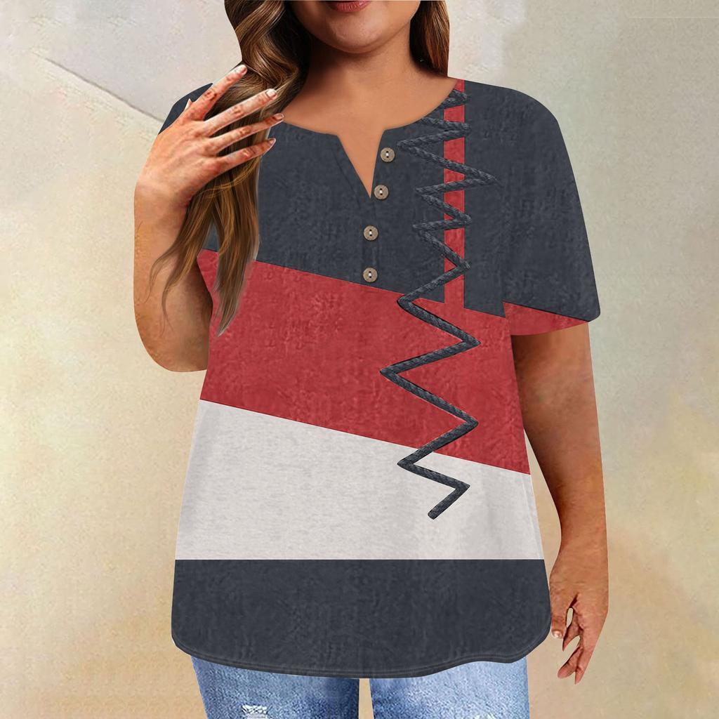 Fashion Short Sleeve Shirt Round Neck Plus Size T-Shirt Geometric Splicing Printed Casual Tops For Women