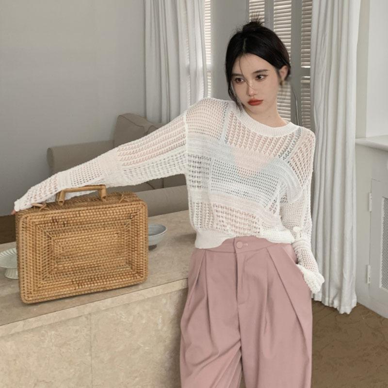 Блузка с длинным рукавом с круглым вырезом, повседневные вязаные осенние футболки из дышащей сетчатой ​​ткани