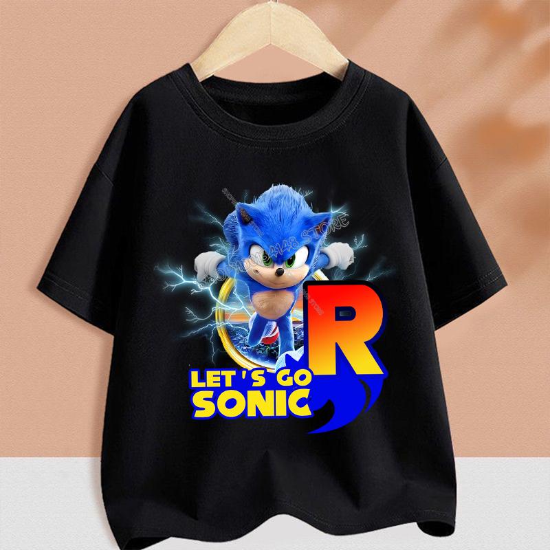 Sonics T-shirt for Children Cartoon A-Z Letter Tee Top Round Collar Clothing Summer Short Sleeve Kids Anime Partern Clothes Gift