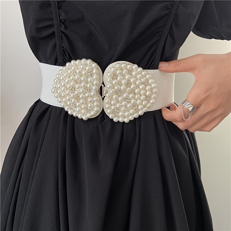 Fashionable And Elegant Artificial Pearl Heart-Shaped Buckle Elastic Wide Belt Suitable For Dresses Simple And Versatile Suitable