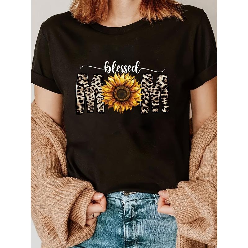 Женская футболка Blessed Sunflower с леопардовым принтом, черная, с круглым вырезом, короткий рукав, А-силуэт, легкая, вдохновленная верой, для спортзала, повседневная, всесезонный топ