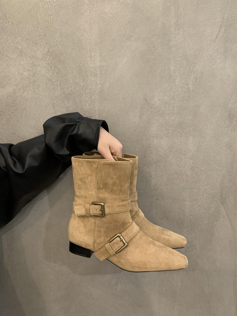 Low-heeled Retro Suede Western Cowboy Boots Martin Boots Women's Shoes 2024 New Spring and Autumn Single Boots Korean Small Short Boots