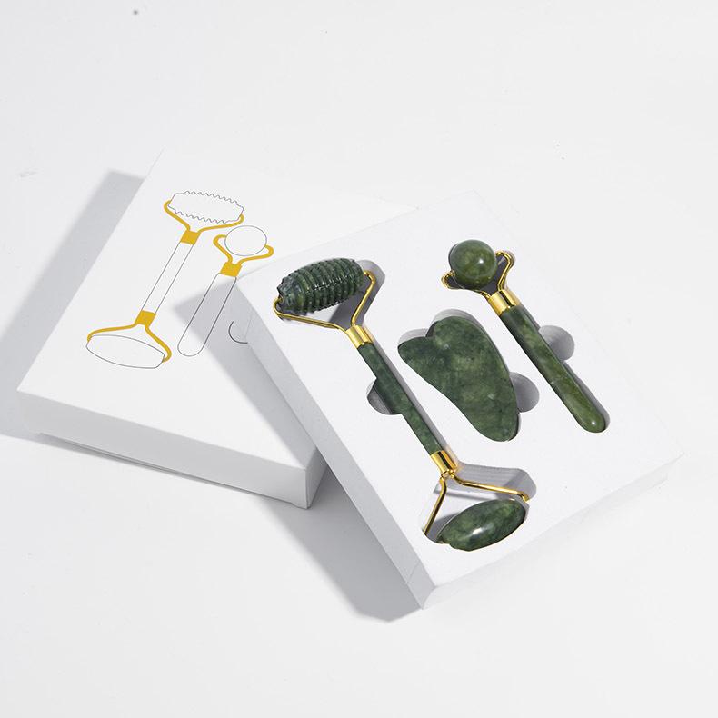 Набор нефритовых массажеров: Нефритовый ролик, колючий массажер для лица и доска гуа ша