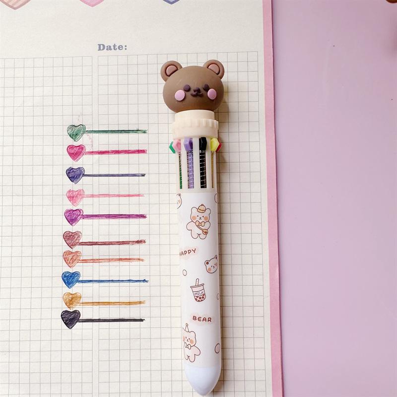 Шариковая ручка Cartoon Bear 10-в-1 с многоцветной кнопкой 0,5 мм для школьников, канцелярские принадлежности для записей