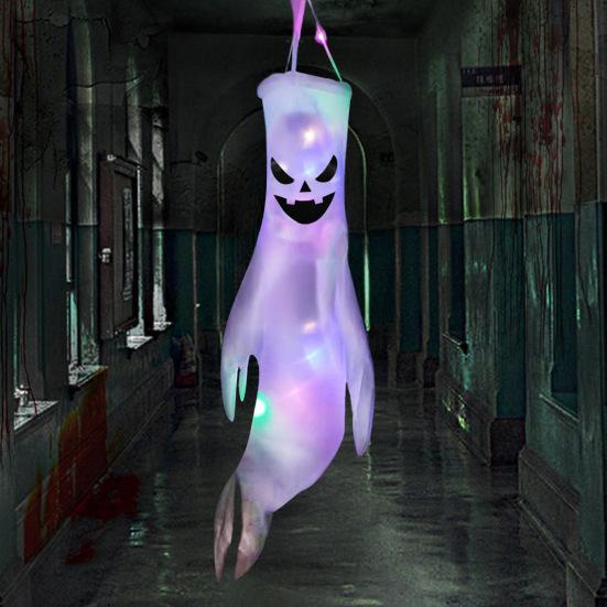 43 Inch Halloween Ghost Windsock Flags with LED Lights Outdoor Hanging Scary Light Up Ghost Wind Socks for Tree Yard Porch Garden Decor