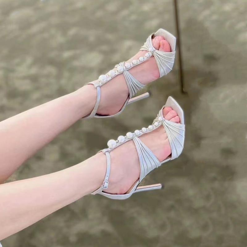 Star Style Pleated Mary Janes Women Sandals Luxury Pearls Stiletto High Heels Rome Sandals Summer Party Banquet Shoes
