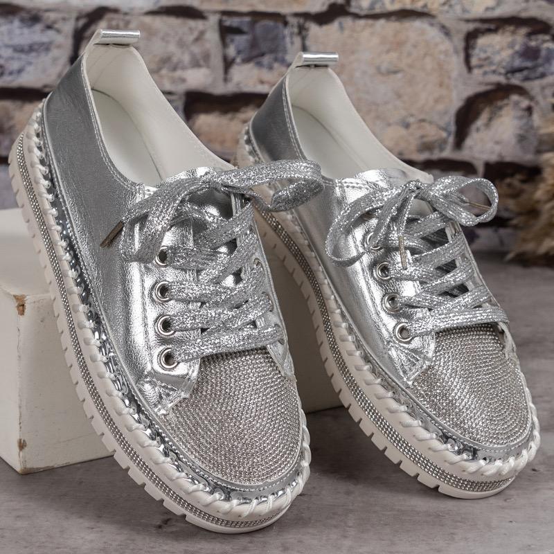 Women Sneaker Luxury Rhinestone Crystal Lady Shoes Fashion Platform Leather Casual Shoes for Women Lace Up Loafers Zapatos Mujer