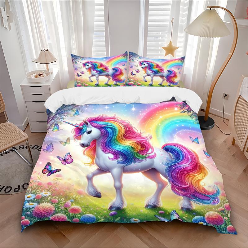 3Pcs Rainbow Unicorn Garden Bedding Set Quilt Cover Pillowcase Home Christmas Xmas Halloween Gift 1 Duvet Cover 2 Pillowcase M924450