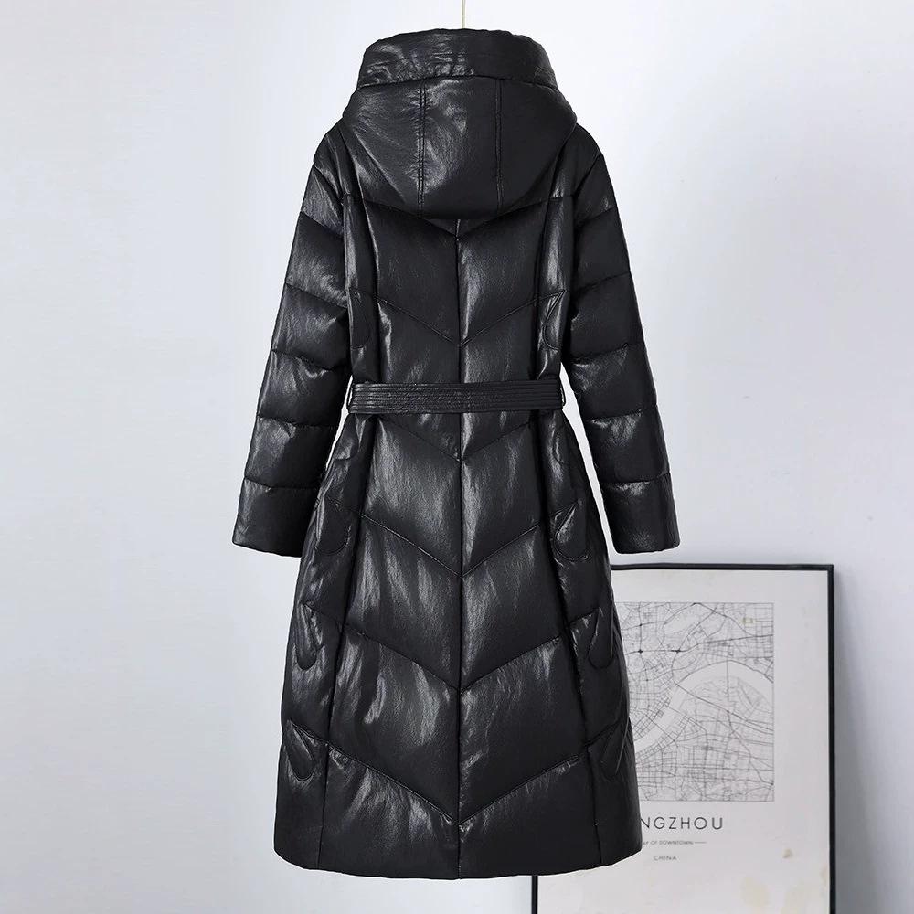 Down jacket women's coat medium and long fox fur collar hat white duck down leather jacket middle-aged