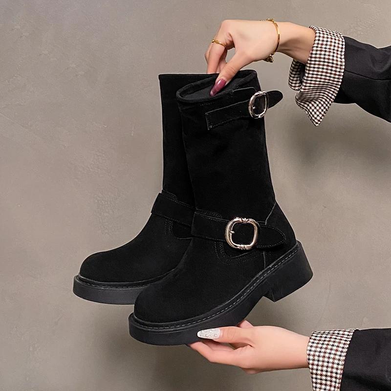 Женские ковбойские сапоги в западном стиле, модные туфли с пряжкой на ремне, осенне-зимние ботильоны до середины икры на толстом каблуке, женская обувь