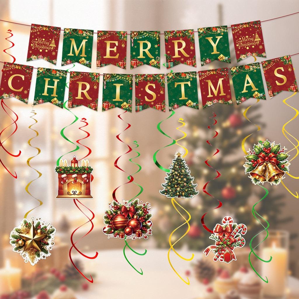 Pom Poms Glitter Christmas Hanging Decorations Honeycomb Balls Classic Spiral Hanging Decor For New Year Party Office Holiday