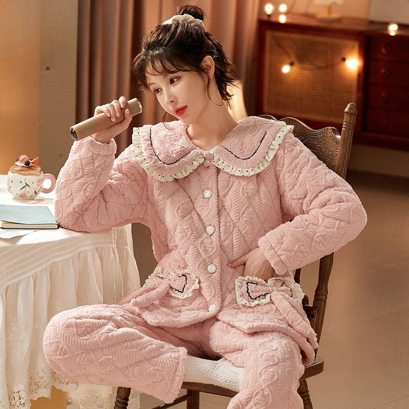 Коралловая бархатная пижама женская зимняя трикотажная стеганая куртка из толстой фланели корейский кашемировый женский комплект домашней одежды можно носить на улице