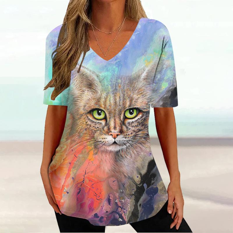 2023 модная женская одежда, топы с короткими рукавами и 3d цветным принтом кошки, повседневные уличные пуловеры, летние женские футболки больших размеров