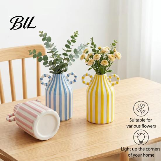 Retro Style Floral Container Striped Ceramic Vase, Modern Glossy Hand Painted Flower Vase with Double Decorative Vases for Home Decor Ear Handles