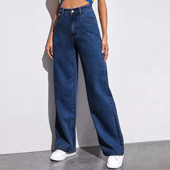 Women Jeans with Pockets High Waist Button Zipper Closure Straight Pants Solid Color Vintage American Style Denim Trousers for Daily Wear Scool