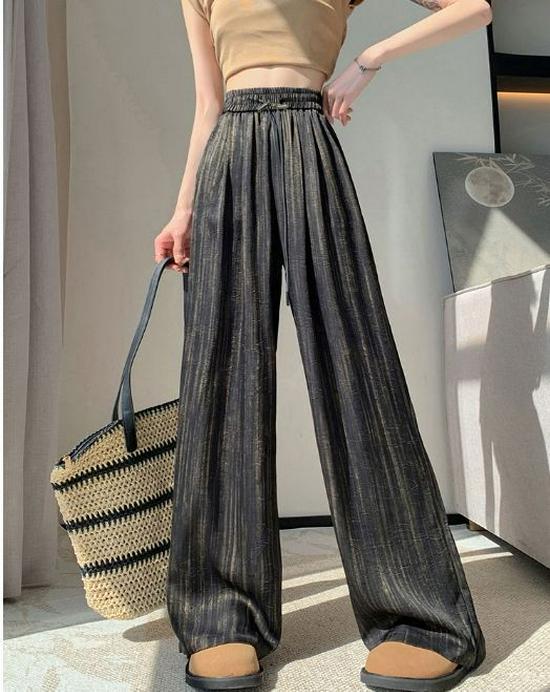 Брюки широкие из ледяного шелка, сатина с принтом тушью, летний тонкий стиль 2025, прохладный плиссированный драпированный дизайн в стиле Ямамото.