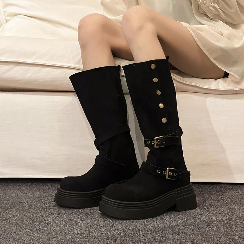 Винтажные женские полусапоги Knight, модные слипоны, длинные ботильоны, осень-зима, толстый каблук, женская обувь