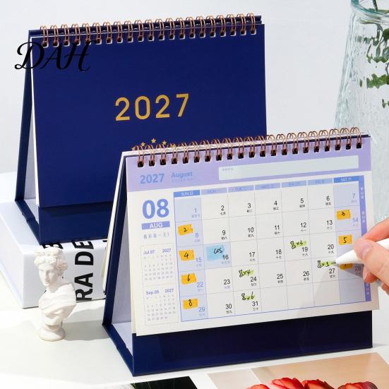 Decorative Desk Organizer 2027 Calendar, Standing Flip Desktop Minimalist Gold Foil Cover Academic Year Calendar Monthly Planner, Thick Paper for Note