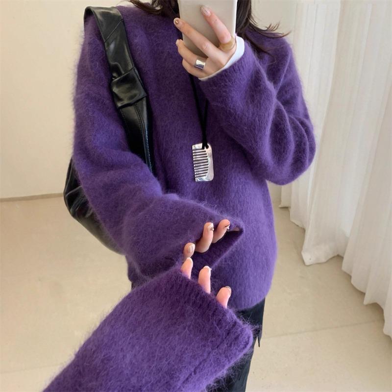 Soft Waxy Hairy Casual Versatile Pullover Sweater Women's Autumn and Winter New Round Neck Loose Warm Knitted Top