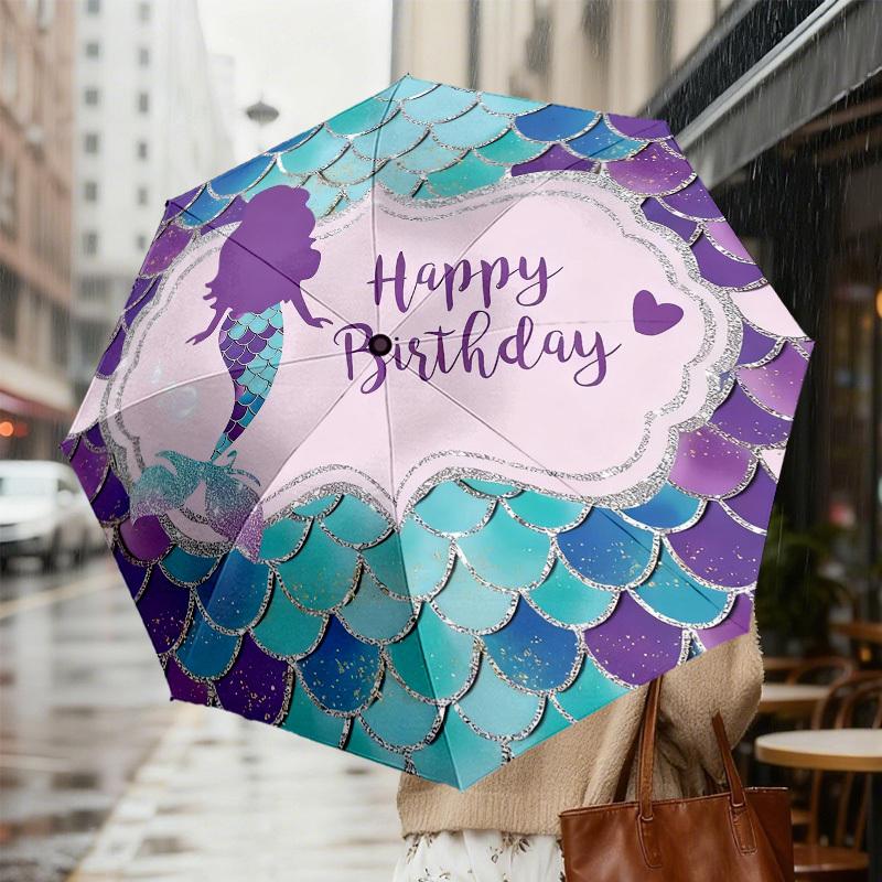 1 шт. Автоматический складной зонт «Счастливого дня рождения» с русалкой, Прочная конструкция с 8 ребрами из железного каркаса, Подходит для путешествий, Ежедневного использования, Дня рождения, Декоративный подарок m0104036