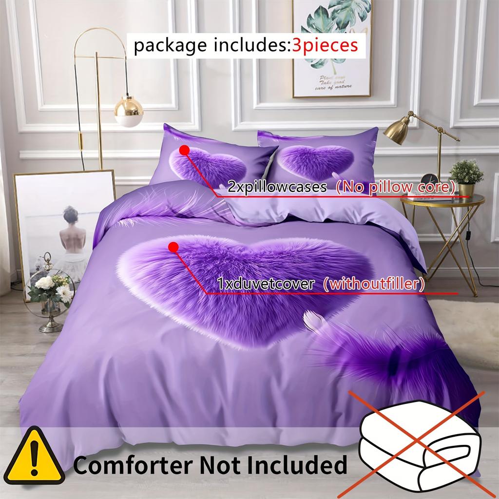3D Cute Purple Plush Heart Pattern Duvet Cover Set, Breathable 100% Polyester Bedding with Zipper, Machine Washable