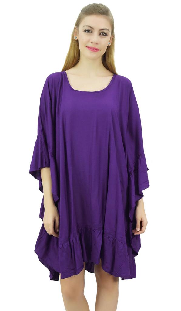 Bimba Womens Purple Frill Kaftan Coverup Dress Easy Wear Knee Length