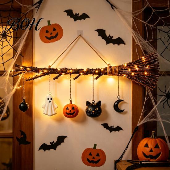 Retro Pastoral Style Decorations Halloween Witch Broom Wall Decor with LED Light, Thanksgiving Fall Front Door Indoor Outdoor Holiday Sign Pumpkin